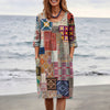 Women Patchwork Geometric Floral Print Round Neck Sleeve Woven Midi Dress With Pockets