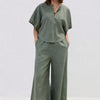 Summer New Solid-color V-neck Short-sleeve Top And Wide-leg Pants Two-piece Set