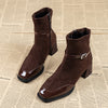 Retro French-style Square-toe Leather Suede Ankle Boots