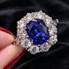 Luxury Silver Plated Oval Royal Blue Crystal Ring Sparkling Zircon Flower Halo Cocktail Ring For Women