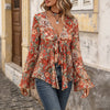 Women Boho Floral Print V Neck Tie Front Flare Long Sleeve Knit Peplum Top