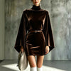 New High-neck Velvet Short Sheath Dress With Flared Sleeves And A Fitted Waist