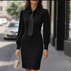 2026 Amazon Cross-Border Export New Autum Fashion Elegant Pure Color Waist Tie Long-Sleeved Dress For Women