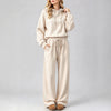 Women's Long Sleeve Hooded Sweatshirt With Drawstring, Loose Wide Leg Elastic Waist Solid Color Trousers Set, Casual Women's Two Piece Outfit