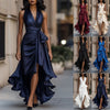 European And American Independent Station New Cross-Border Amazon Satin V Neck Sleeveless Waist Ruffled Elegant Dress For Women