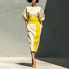 Color-block Puff-sleeve Crew-neck Top And Skirt Set