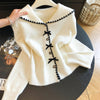 Navy Blue Knitted Cardigan Sweater With A Bow-tie Buckle