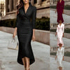 2026 Independent Station Wish Amazon New Autum Elegant Pure Color Long-Sleeved V Neck Satin Dress